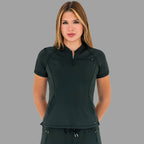Woman standing straight facing forward wearing a bottle green 920 super stretch scrub top.