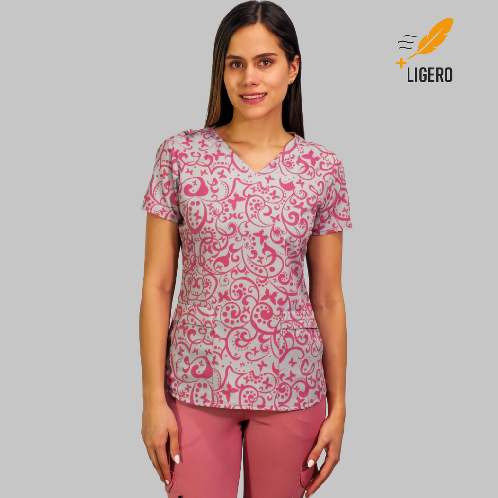 Filipina Estampado Floral Gris Perla/Palo de Rosa, Scrubs 600