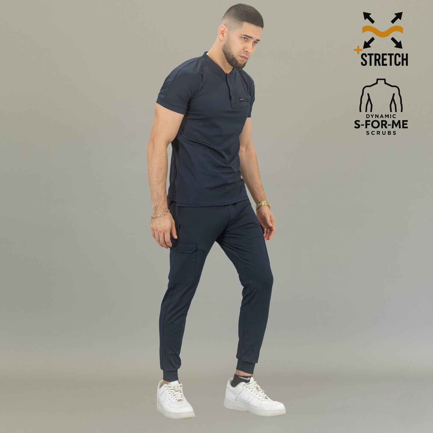 Look completo de uniforme médico azul marino hombre con filipina Scrubs 901