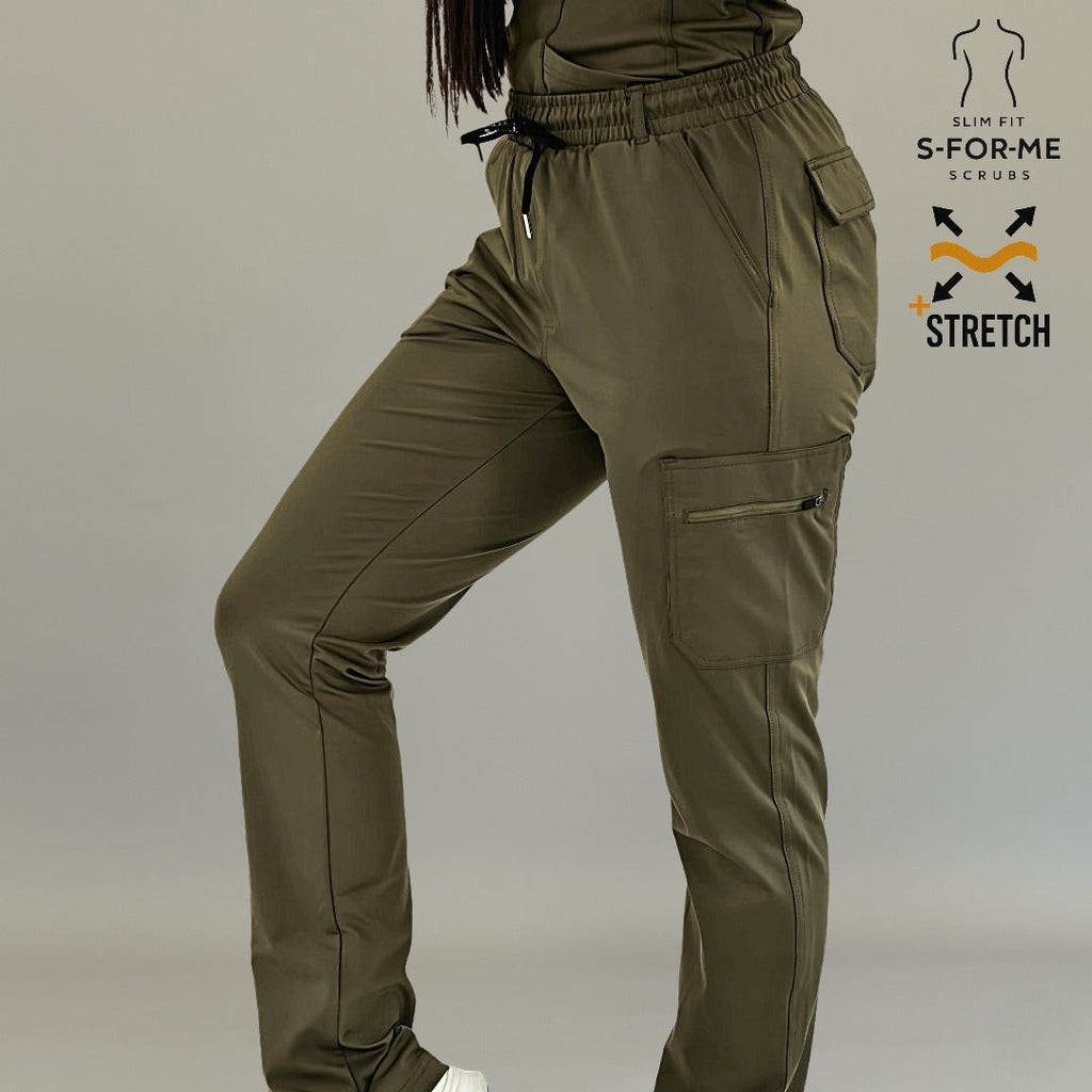 Olive Green Super Stretch scrub pants for women with functional pockets